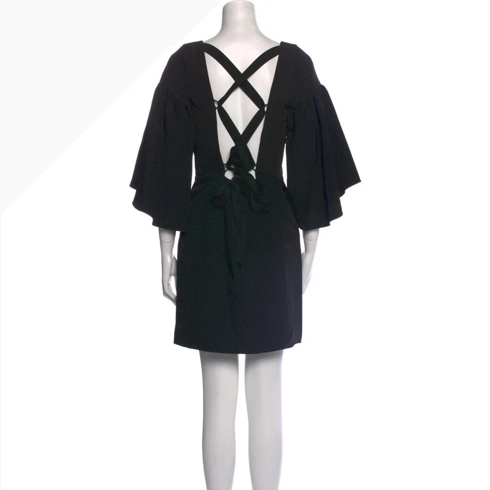 Milly Cady Bell Sleeve Black V Neck Mini Dress Tie back cocktail Party Dress d1
